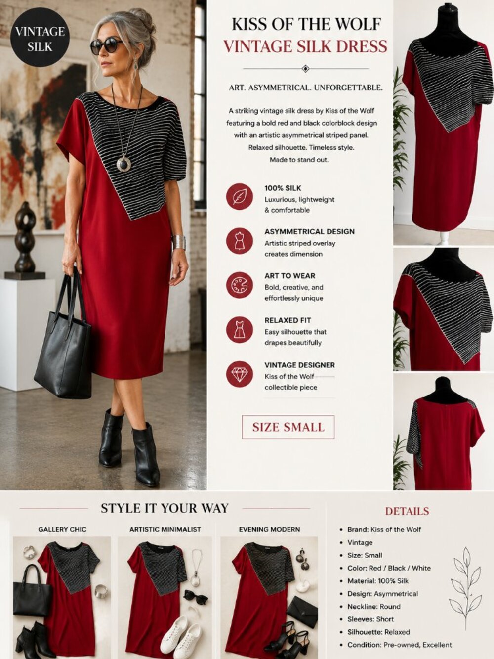 Vintage Kiss of the Wolf Silk Dress S Red Black Colorblock Asymmetrical